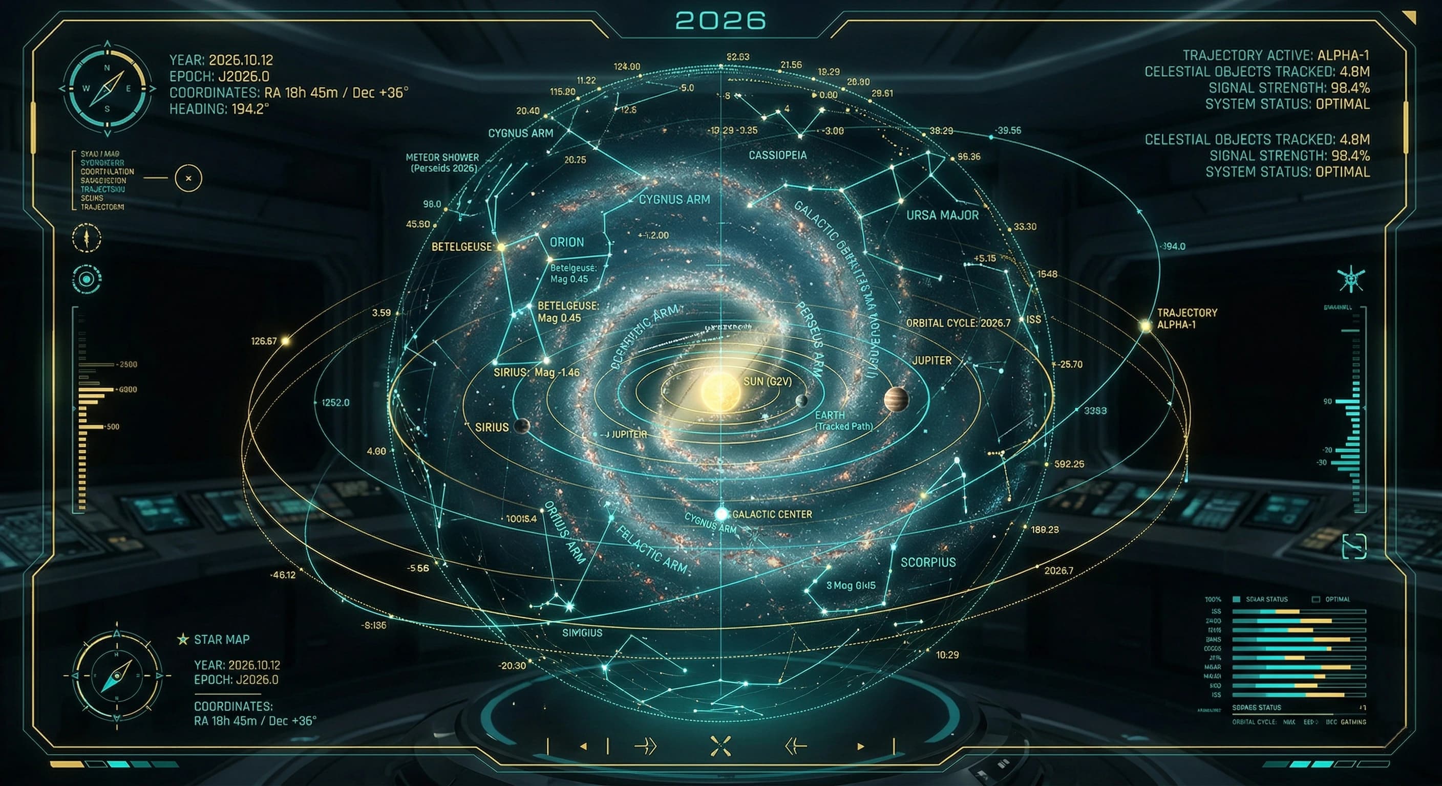A futuristic celestial map showing planetary alignments for 2026