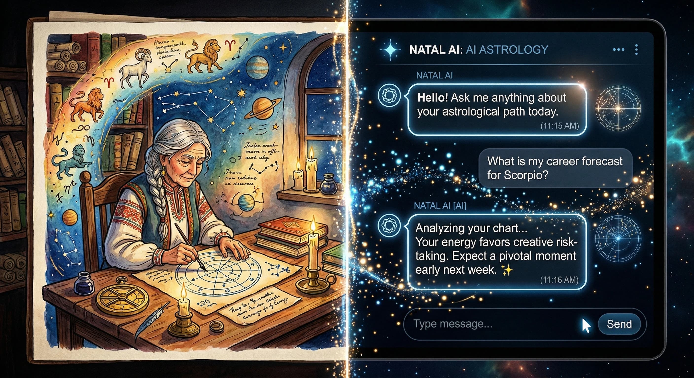 A side-by-side comparison of a colorful app UI and a clean AI chat interface