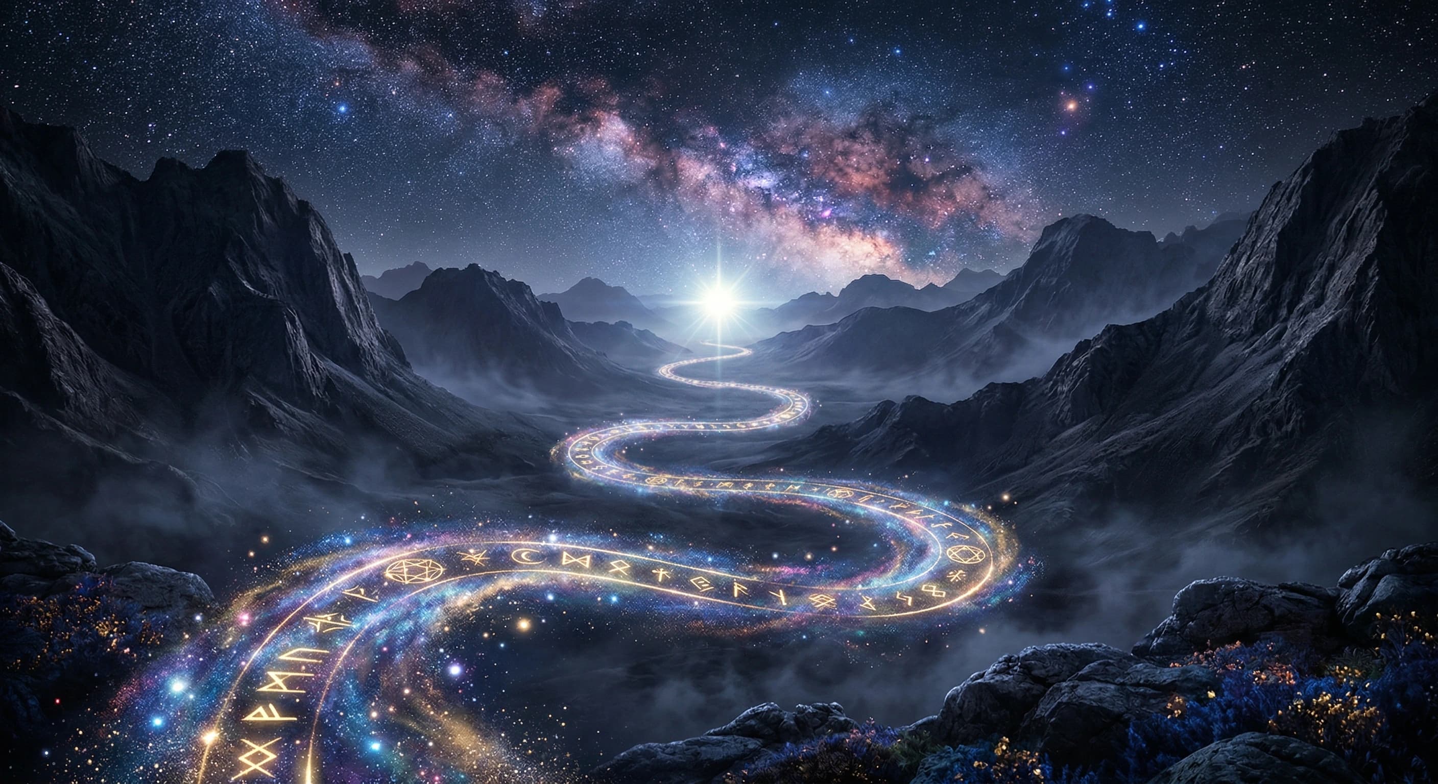 A winding path through the stars leading toward a distant celestial light