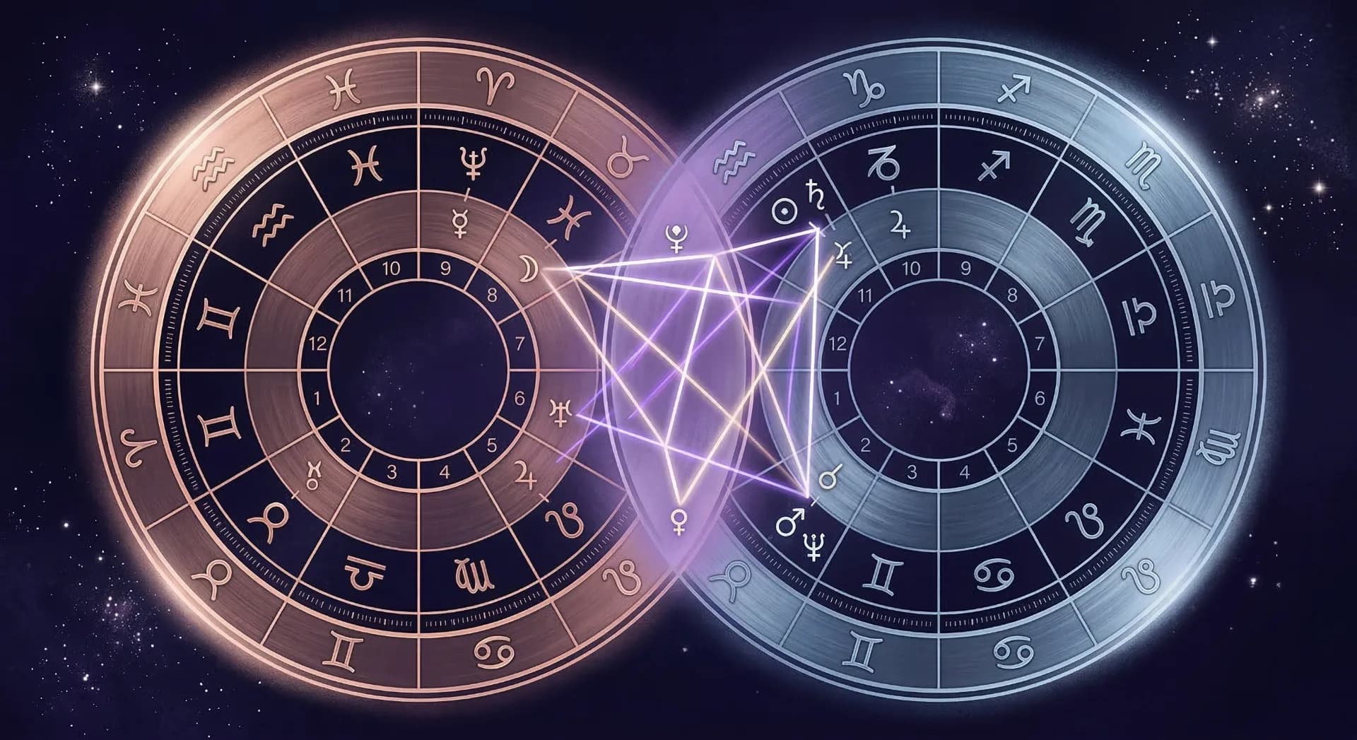 Two overlapping natal chart wheels showing synastry aspects between partners