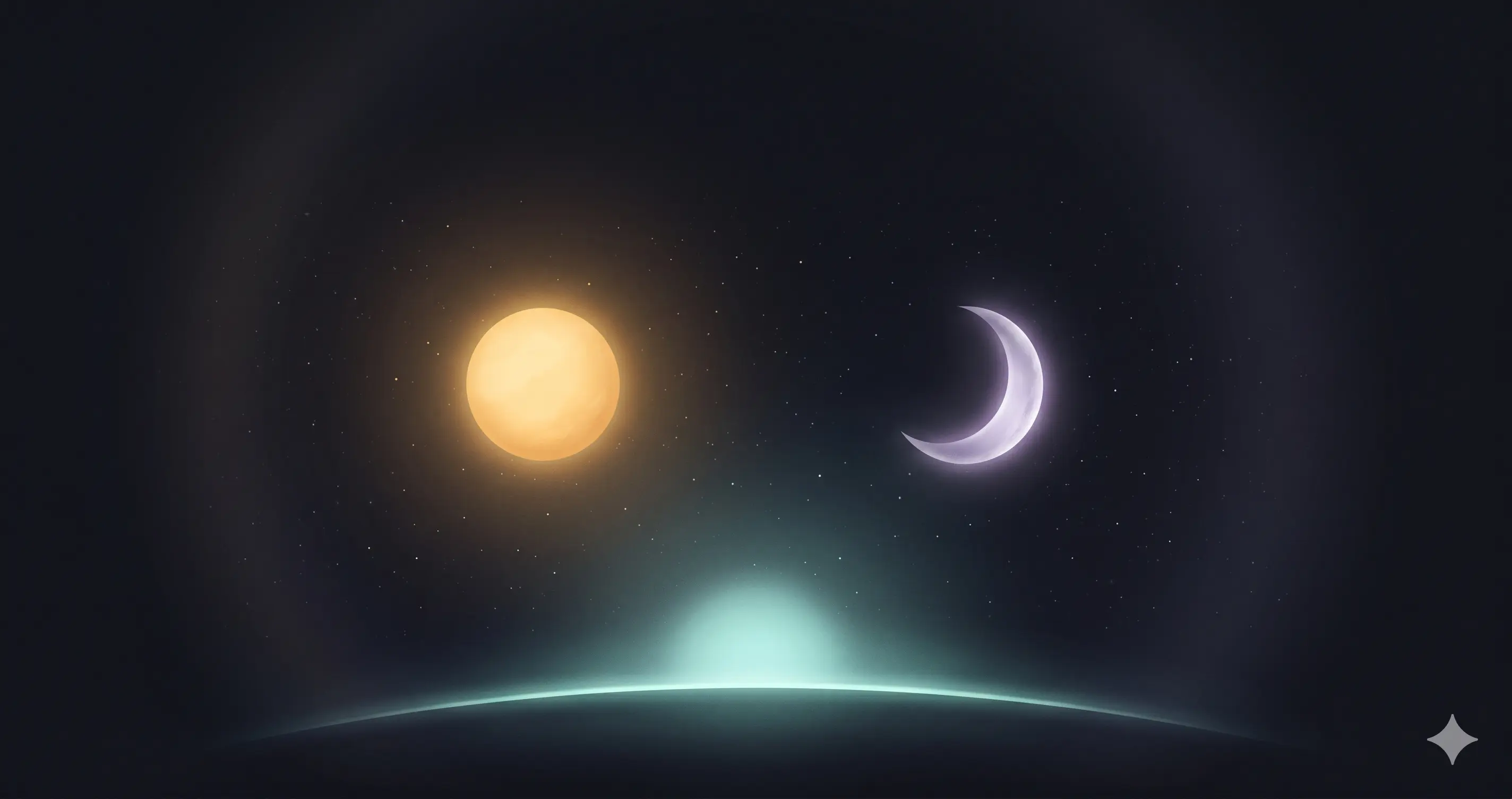 Three distinct glowing celestial bodies — a sun, a moon, and a rising horizon — in one dark sky