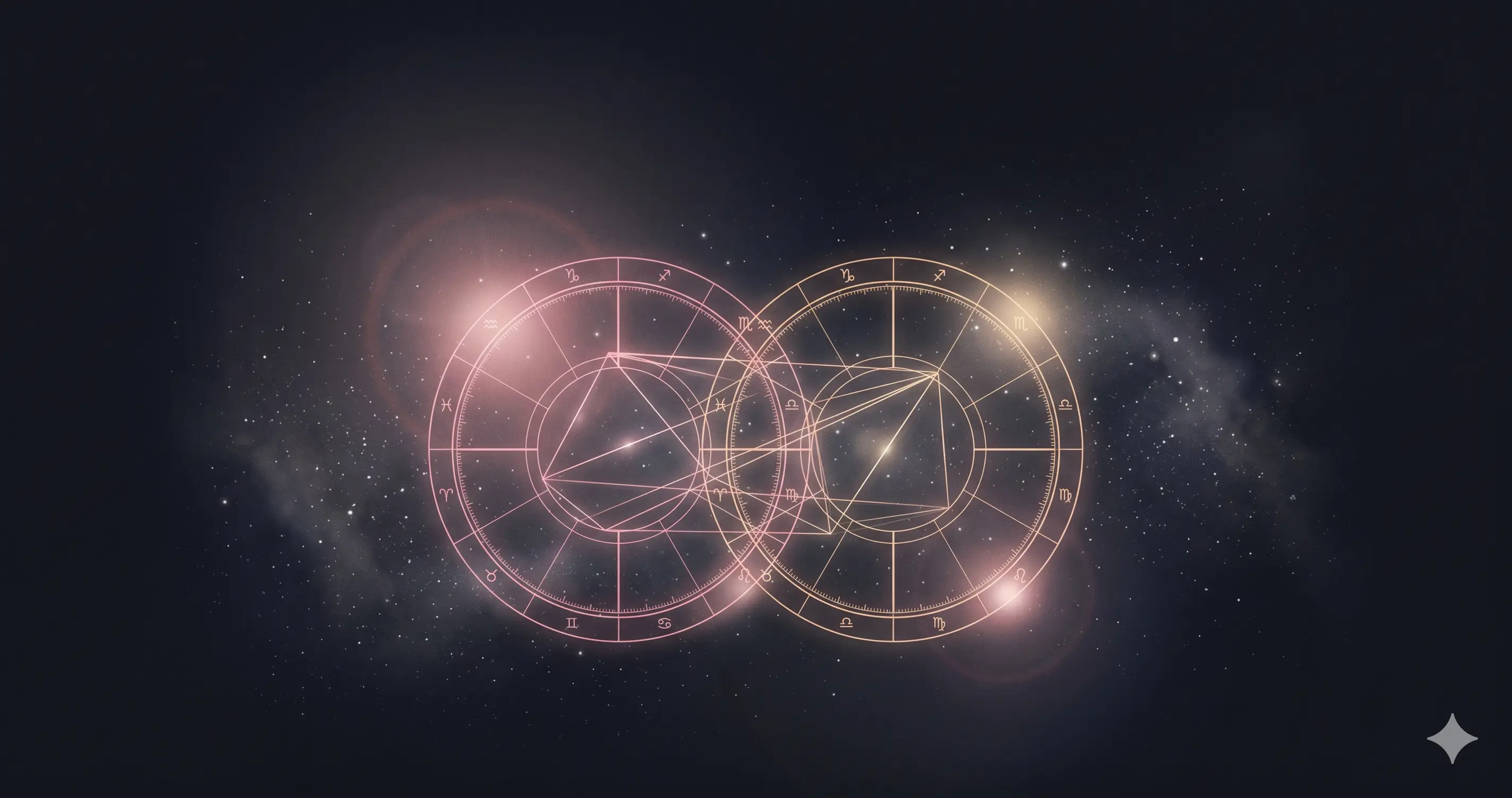 Two overlapping natal chart wheels glowing rose and gold, connected by fine aspect lines