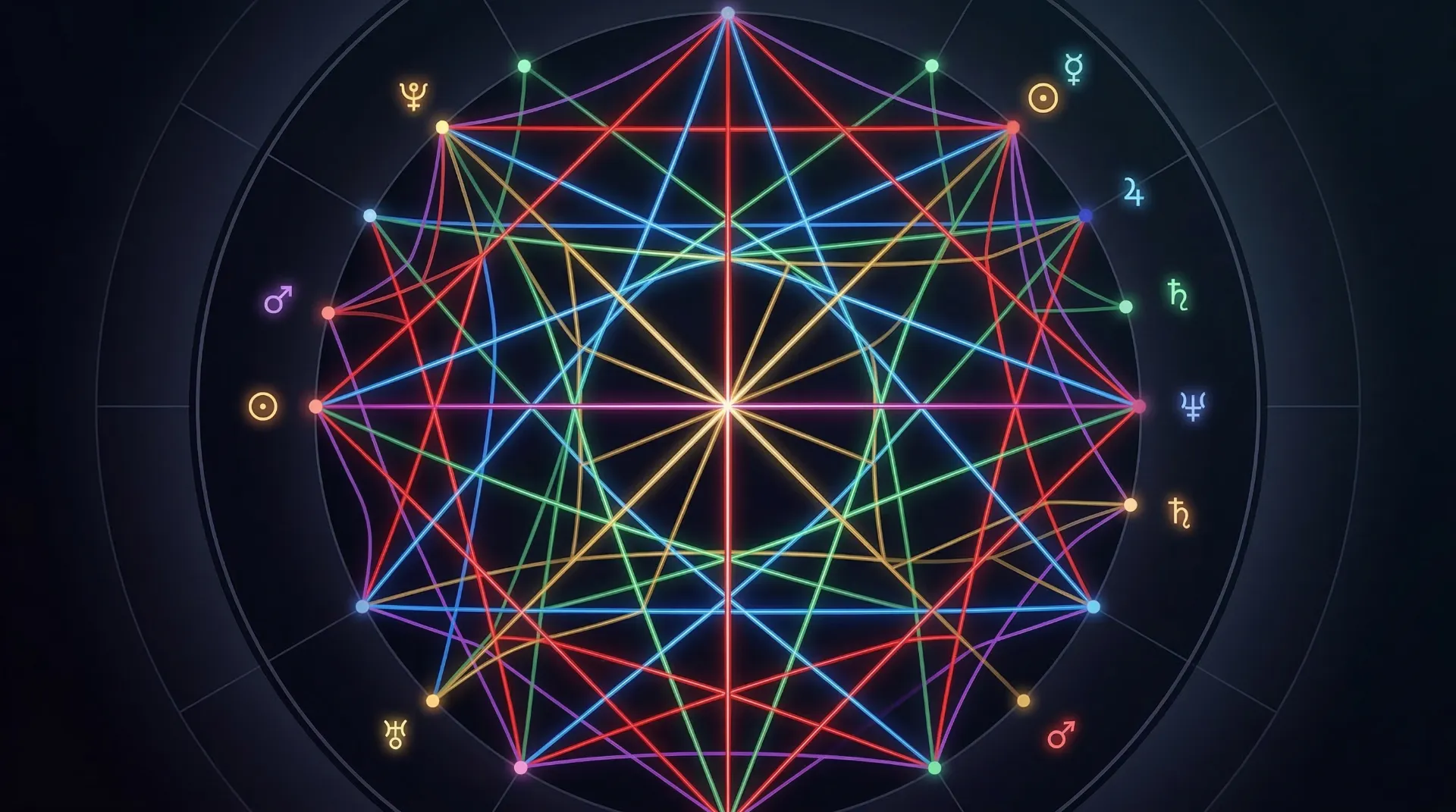 Birth chart showing aspect lines connecting planets with different colors for each aspect type