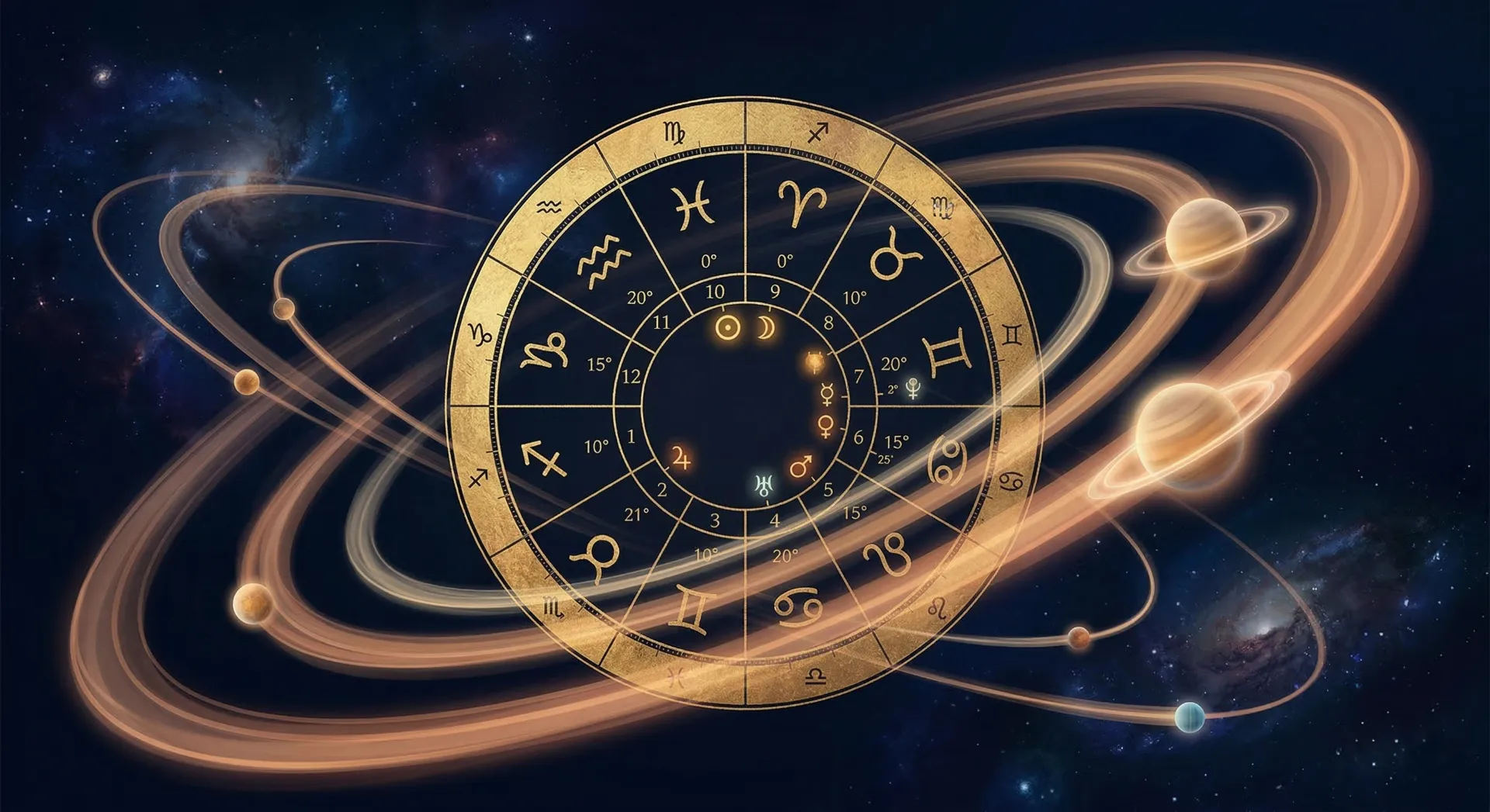 Animated planetary transit diagram showing current planets overlaying a natal chart